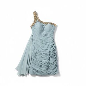 Holiday ready Jovani NWOT Light Blue One Shoulder Dress with Gold Embellishments
